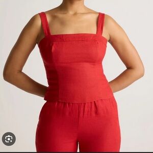 Quince European Linen Smocked Zip Sustainable Adj. Straps Red lined Tank Top S